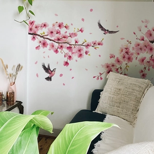 Pink cherry blossom tree branch wall decals with flying birds for living room decor