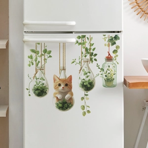Creative hanging glass bottle plant wall stickers featuring a cute orange cat decor