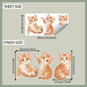 Detailed size specifications for three cute orange cat wall stickers with sheet and finish sizes