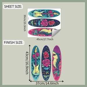 Detail view of surfing board stickers with guitar, roses and shark patterns and measurements
