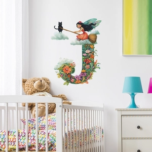 Sticker mural lettre J coloré avec fleurs et fée pour décoration de chambre d'enfant