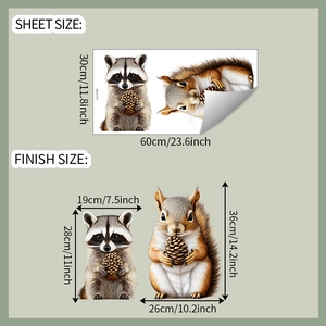 Detailed sheet size 60x30cm showing cute raccoon and squirrel wall decals dimensions