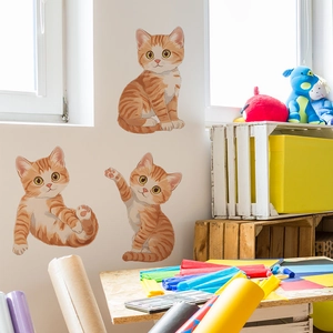 Three cute cartoon ginger cat wall decals for home bedroom and living room decoration