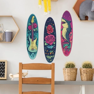 Creative Guitar Flower Shark Triptych Wall Sticker PVC Removable Art Poster For Living Room Bedroom Home Decor Mural