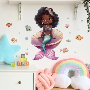 Cartoon African Mermaid Princess Wall Stickers Purple Shell PVC Self-Adhesive Wall Decals For Kids Nursery Home Decor