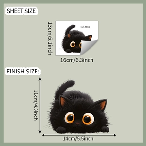 Detail view of cartoon black cat sticker sheet with size specifications 16cm by 13cm