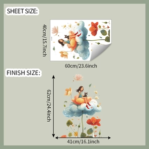 Detailed sheet and finish size dimensions for floral girl and cat wall sticker