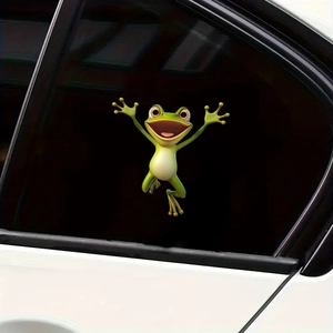 Detailed 3D cartoon green frog car window sticker with vibrant colors and expressive pose