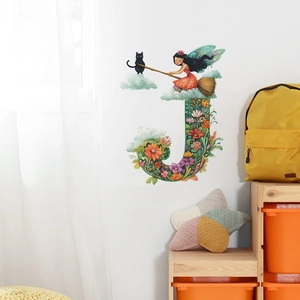 Sticker mural lettre J fleuri avec fée et chat pour décoration chambre d'enfant