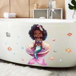 Cartoon mermaid wall decal set with colorful fish and bubbles for bathroom decor