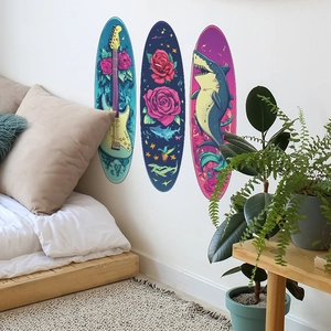 Three-piece surfboard-shaped wall stickers with guitar, roses, and shark illustrations
