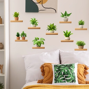 Stickers muraux 3D plantes vertes réalistes avec étagère en bois pour décoration maison