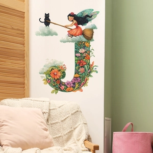 Sticker mural lettre J fleuri avec fée et chat noir pour décoration de chambre