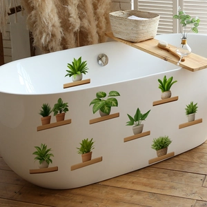 Stickers muraux 3D de plantes vertes en pot pour décoration intérieure sur baignoire blanche