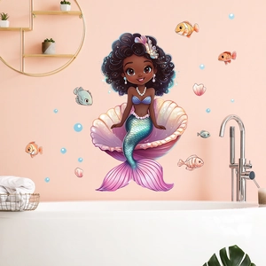 Cartoon black mermaid wall sticker set for kids bedroom on pink bathroom wall