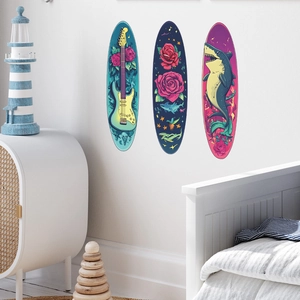 Three-piece set of surf-style pop art wall decals with guitars and flowers for home decor