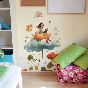 Girl and black cat on large floral cloud wall sticker for cozy bedroom decor