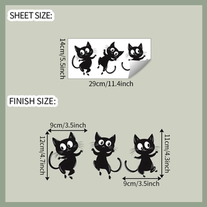 Detail showing sheet size and finish size for three cartoon cat wall stickers