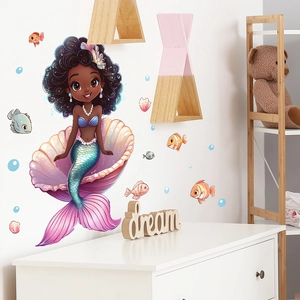 Cartoon little mermaid wall sticker kit with shell and fish for children bedroom decor