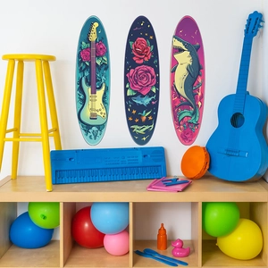 Three-piece oval wall art set with guitar and floral motifs for creative home decor
