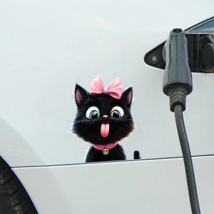 Cartoon black cat car sticker with blue eyes and pink bow on white vehicle exterior