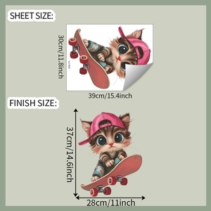 Détails du sticker mural chat skateboard avec dimensions et mise en page du produit