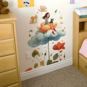 Floral wall sticker featuring a girl and cat for cozy bedroom and living room decor