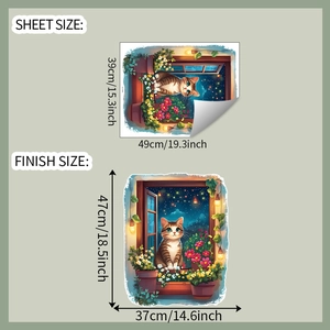 Detail of creative fake window cat wall sticker showing sheet and finish dimensions