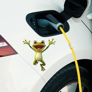 Funny green cartoon frog sticker applied near the charging port of a white electric car