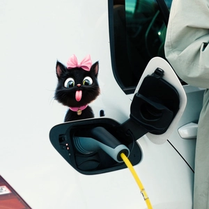 3D cartoon black cat car sticker with pink bow on white vehicle charging port