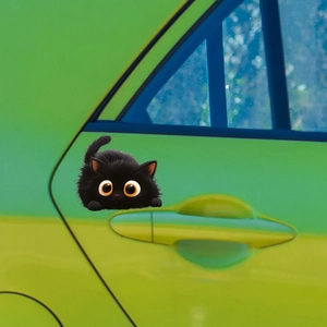 Cute black cat car window sticker with realistic fur texture on a green car door