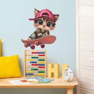 Sticker mural chat mignon sur un skateboard rose pour décoration de chambre d'enfant