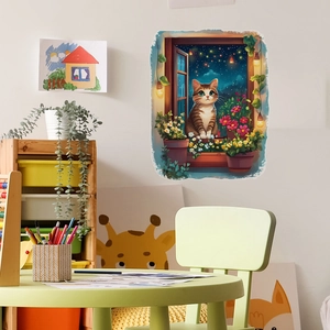 Creative faux window cat wall sticker with starry night sky for bedroom decor