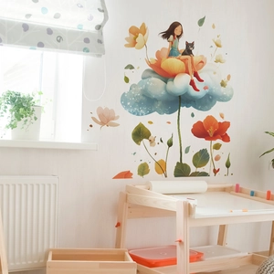 Charming girl and black cat wall sticker with orange flowers for bedroom decor
