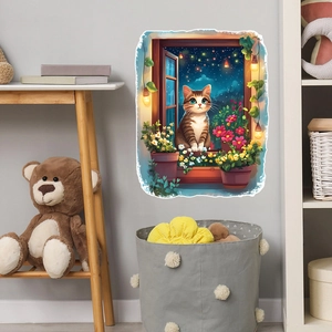 3D cat window wall sticker with starry night sky for cozy bedroom nursery decoration