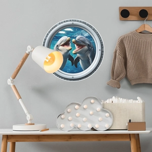 3D porthole wall sticker featuring dolphins in the deep blue ocean for home bathroom decor