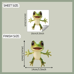 Detail view of funny frog car sticker dimensions showing both sheet and finish sizes