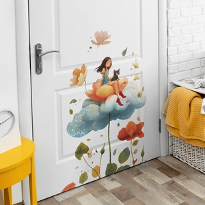 Floral girl and black cat wall decal on white door with cozy home decor setting