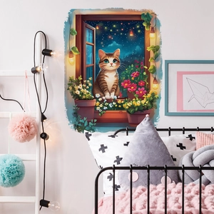 3D fake window cat wall sticker with starry sky and flowers for home bedroom decor