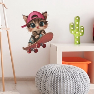 Sticker mural chat en skateboard 3D pour décoration intérieure de chambre d'enfant