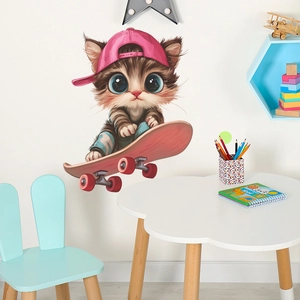 Autocollant Mural Chat Skateboard Dessin Animé Chambre Enfants PVC Amovible DIY Décoration Pour Salon Maison