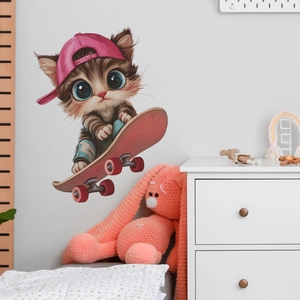 Sticker mural chaton sur skateboard rose pour décoration de chambre d'enfant
