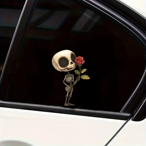 Creative cartoon skull holding a red rose sticker on a dark car window glass decoration