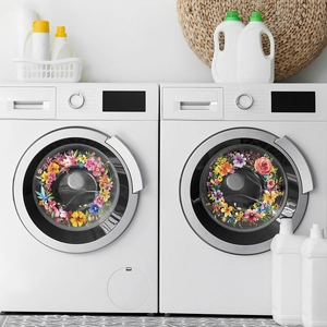 Floral Wreath Washing Machine Stickers PVC Self Adhesive Flower Bee Pattern Home Laundry Room Background Beautify Decor