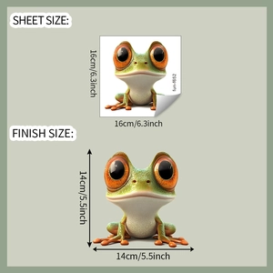 Detailed size specifications for cartoon big-eyed frog car sticker showing 14cm finish size