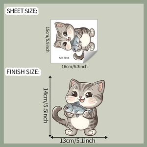 Cute cartoon cat and fish car sticker showing sheet and finish size dimensions