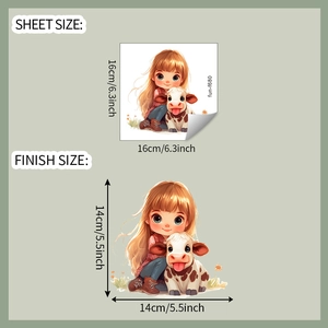 Detail view of cartoon girl hugging a cow sticker with sheet and finish size dimensions