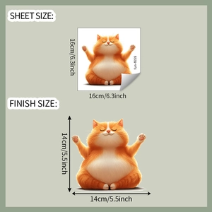 Detail view of cartoon sleeping fat cat sticker with sheet and finish size dimensions