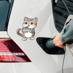 Cartoon Striped Cat Catching Fish Car Sticker Waterproof PVC Decorative Wall Sticker For Window Glass Bumper Decoration Self Adhesive Decal For Kids Room Auto Accessories
