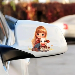 Cute Cartoon Girl Hugging Cow Car Sticker Waterproof PVC Wall Decal For Vehicle Window Mirror Home Decoration Accessories